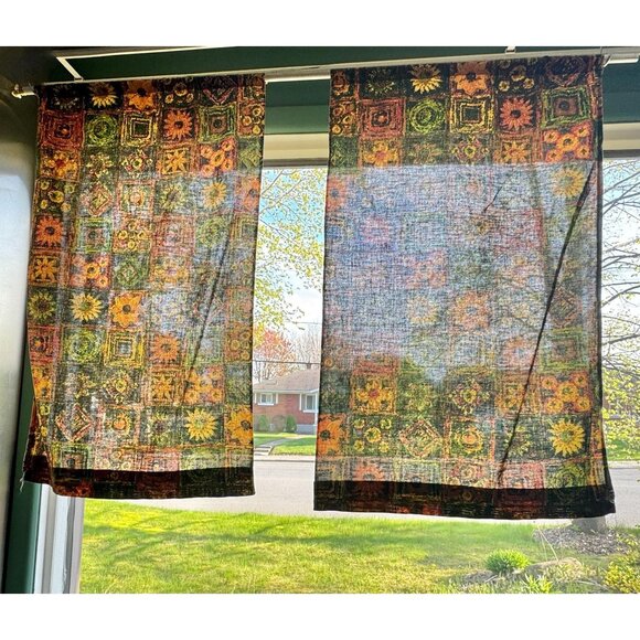 Vintage 70s curtains, green, brown, orange, yellow faux patchwork, pair - Picture 2 of 10
